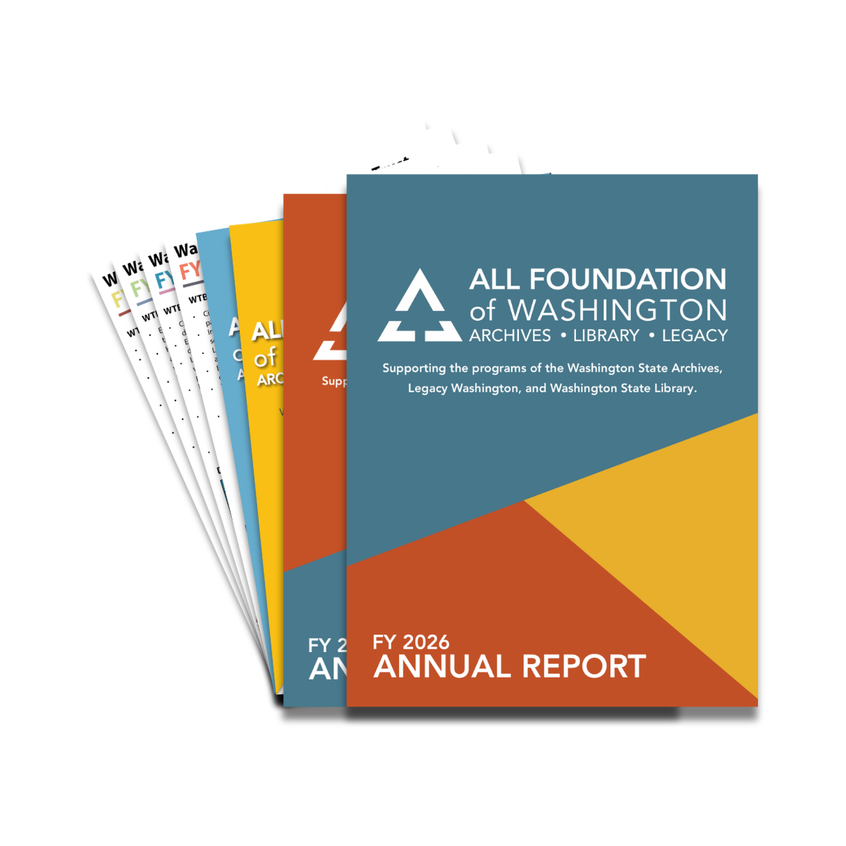 Annual report covers in a neat pile with FY26 on top.